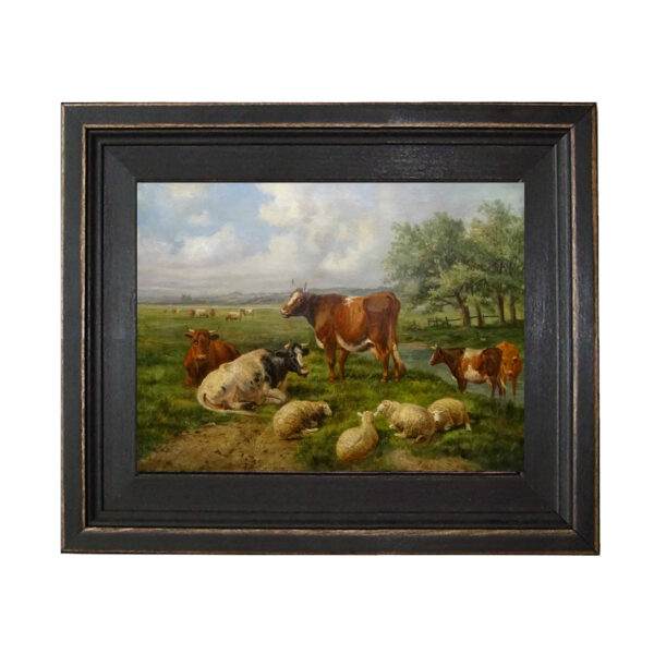 Farm/Pastoral Barnyard Sheep and Cows Framed Oil Painting Print on Canvas in Distressed Black Wood Frame
