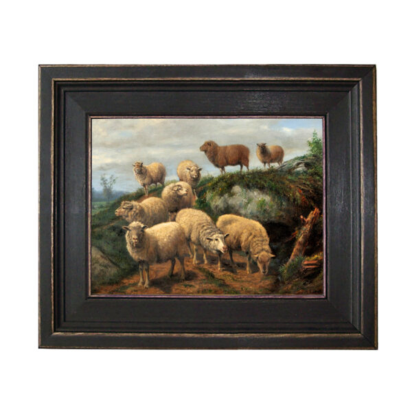 Farm and Pastoral Paintings Flock of Sheep on Path Framed Oil Painting Print on Canvas in Distressed Black Wood Frame