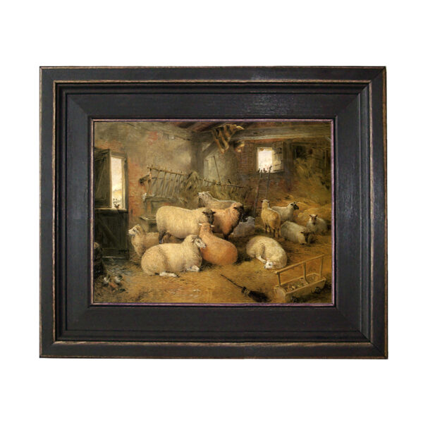 Farm and Pastoral Paintings Sheep in the Barn Framed Oil Painting Print on Canvas in Distressed Black Wood Frame