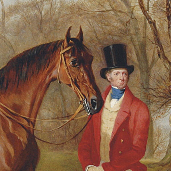 Equestrian/Fox Equestrian Gentleman Standing Beside Saddled Hunter Framed Oil Painting Print on Canvas