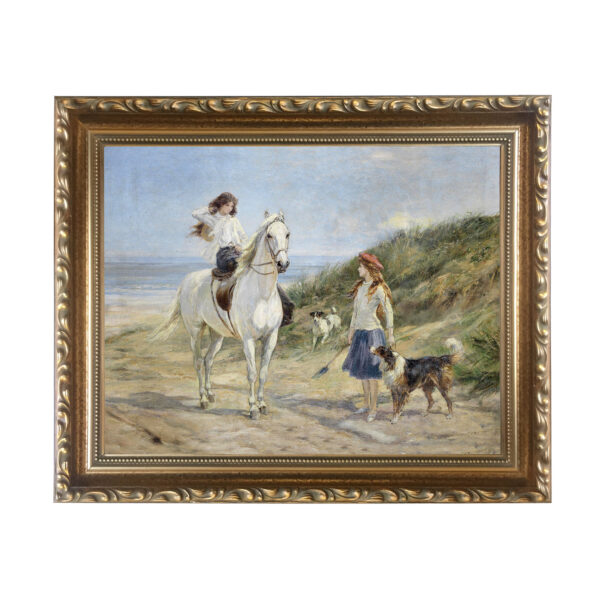 Equestrian/Fox Dogs Holiday Time Girls on the Beach with Horse and Dog Framed Oil Painting Print on Canvas