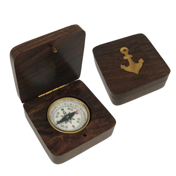 Painting Print Sm Frames Nautical 3″ Brass Inlaid Anchor Wood Compass Box with Inlaid Brass 1-3/4″ Compass Antique Reproduction