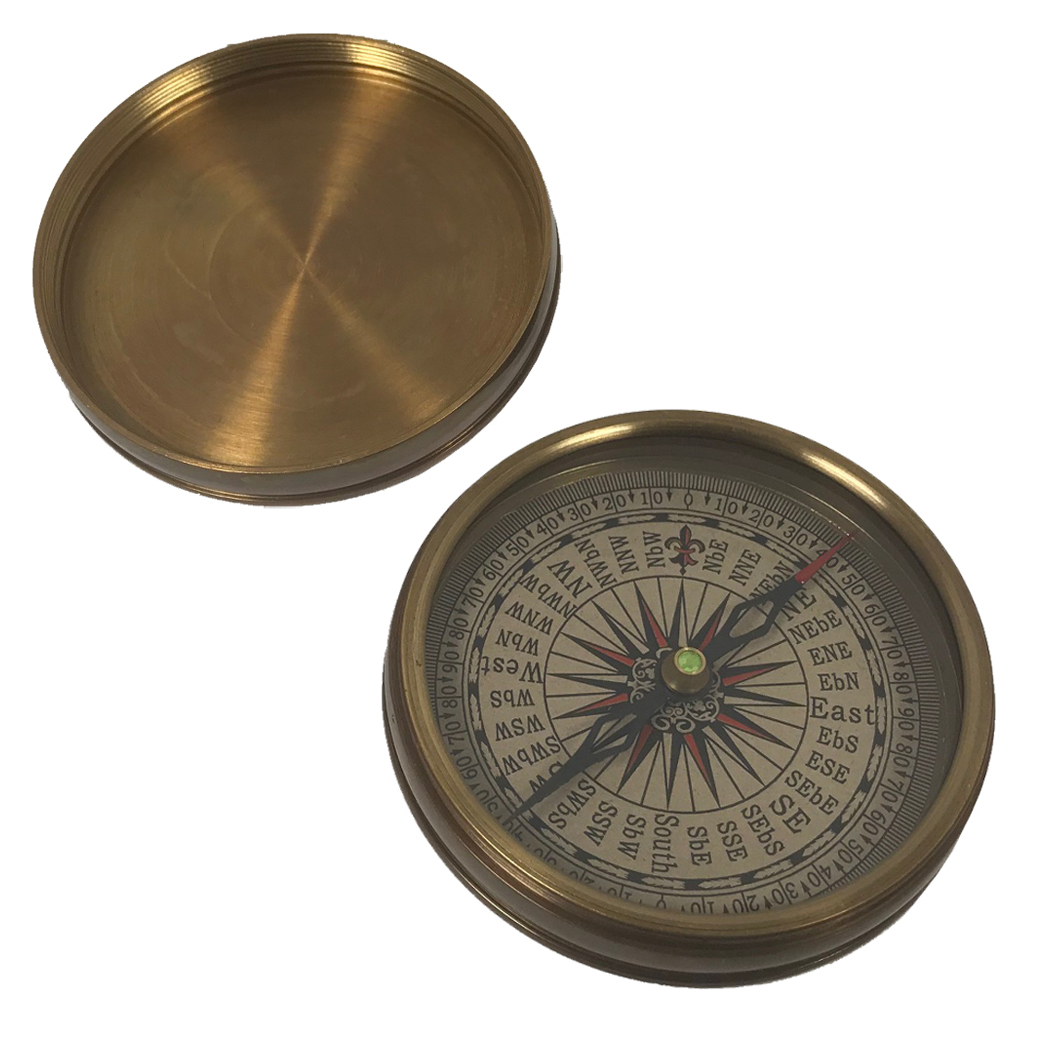 Antique Finish Nautical Maritime Compass Brass Pocket Sundial Compass w/ Lid 