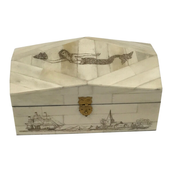 Scrimshaw/Horn & Bone Boxes Nautical 6-1/2″ Engraved Mermaid and Harbor Scene Diamond-Top Scrimshaw Bone Box- Antique Vintage Style