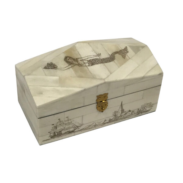 Scrimshaw/Horn & Bone Boxes Nautical 6-1/2″ Engraved Mermaid and Harbor Scene Diamond-Top Scrimshaw Bone Box- Antique Vintage Style