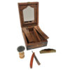 Wood Early American 8″ Colonial Traveling Teak and Mango Wood Shaving Box including Horn Comb –  Teak Wood-Handled Straight Edge Razor and Soft Bristle Shaving Foam Brush with Pine Contoured Handle
