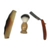 Wood Early American 8″ Colonial Traveling Teak and Mango Wood Shaving Box including Horn Comb –  Teak Wood-Handled Straight Edge Razor and Soft Bristle Shaving Foam Brush with Pine Contoured Handle