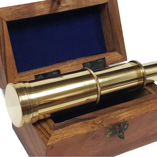 Nautical Decor & Souvenirs Nautical 6-1/2″ Polished Brass Antique Pocket 5X Telescope Reproduction with Solid Teak Wood Engraved White Whale Storage Box