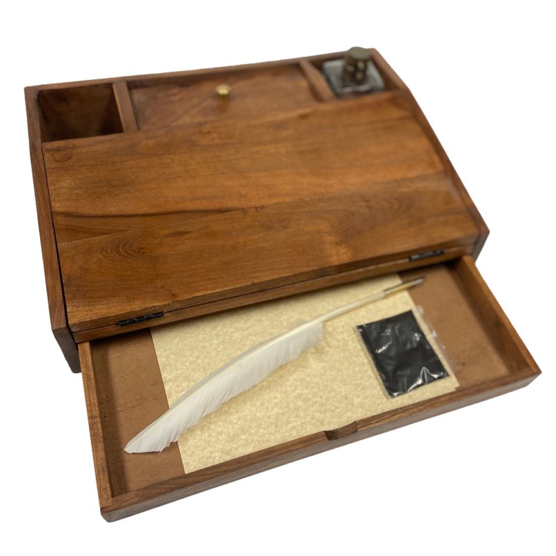 141/4" Portable Colonial Distressed Wooden Writing Desk with Writing Accessories Antique