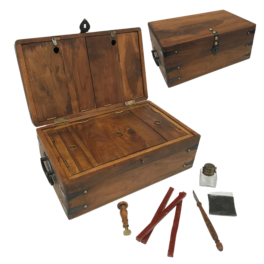 Captain Writing Chest Antique Wooden Reproduction With Compartments For Storing Letters Made From Teak And Mango Wood Schooner Bay Company