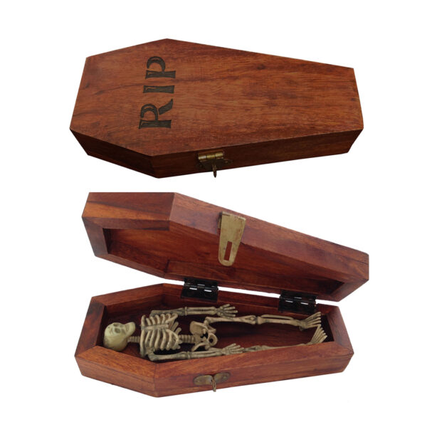 Wood Halloween Wood Coffin Box with Skeleton RIP Antique Vintage Reproduction Gothic Trinket Halloween Home Decor Party Gift Prop